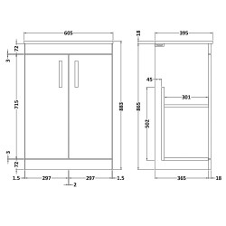 Athena 500mm Freestanding Cabinet & Minimalist Basin - Gloss Grey - Technical Drawing