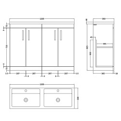 Athena 1200mm Freestanding Cabinet & Twin Polymarble Basin - Gloss Grey - Technical Drawing