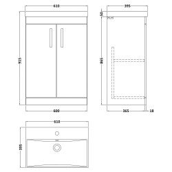 Athena 600mm Freestanding Cabinet & Thin-Edge Basin - Gloss Grey - Technical Drawing
