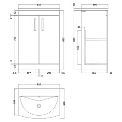 Athena 600mm Freestanding Cabinet With Curved Basin - Gloss Grey - Technical Drawing