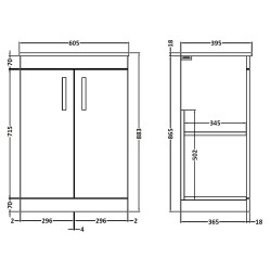 Athena 600mm Freestanding Cabinet & Worktop - Gloss Grey - Technical Drawing