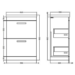 Athena 500mm Freestanding Cabinet & Mid-Edge Basin - Gloss Grey - Technical Drawing