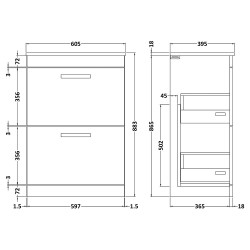 Athena 500mm Freestanding Cabinet & Minimalist Basin - Gloss Grey - Technical Drawing