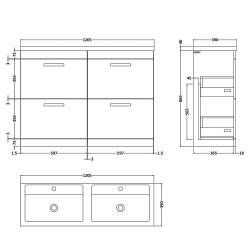 Athena 1200mm 4 Drawer Freestanding Cabinet With Double Ceramic Basin - Gloss Grey - Technical Drawing