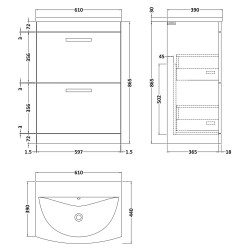 Athena 600mm Freestanding Cabinet With Curved Basin - Gloss Grey - Technical Drawing