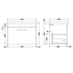 Athena 600mm Wall Hung Cabinet & Mid-Edge Basin - Gloss Grey - Technical Drawing