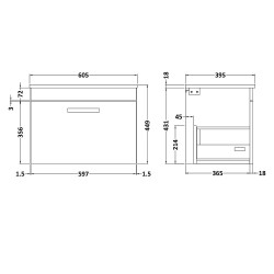Athena 600mm Wall Hung Cabinet & Minimalist Basin - Gloss Grey - Technical Drawing