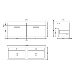 Athena 1200mm Wall Hung Cabinet & Twin Polymarble Basin - Gloss Grey - Technical Drawing