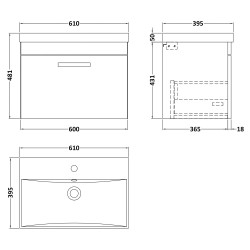 Athena 600mm Wall Hung Cabinet & Thin-Edge Basin - Gloss Grey - Technical Drawing
