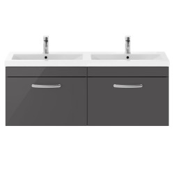 Athena 1200mm 2 Drawer Wall Hung Cabinet With Double Ceramic Basin - Gloss Grey