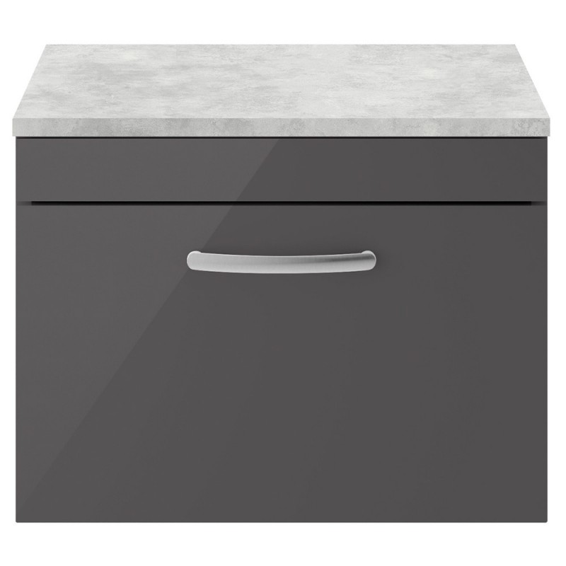 Athena 600mm Single Drawer Wall Hung Cabinet With Grey Worktop - Gloss Grey
