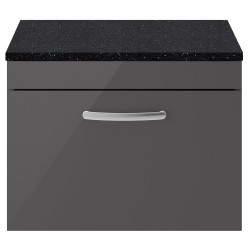 Athena 600mm Single Drawer Wall Hung Cabinet With Sparkling Black Worktop - Gloss Grey