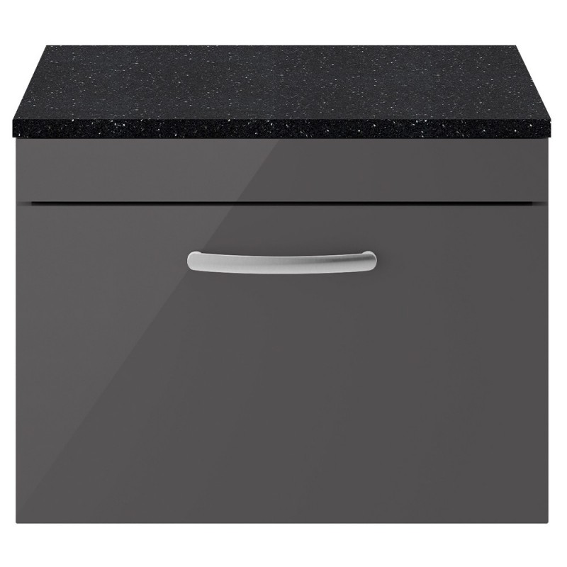 Athena 600mm Single Drawer Wall Hung Cabinet With Sparkling Black Worktop - Gloss Grey