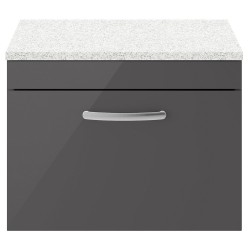 Athena 600mm Single Drawer Wall Hung Cabinet With Sparkling White Worktop - Gloss Grey