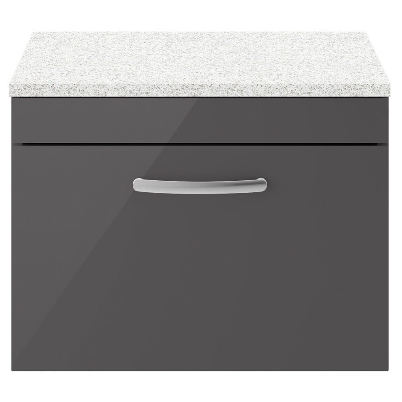 Athena 600mm Single Drawer Wall Hung Cabinet With Sparkling White Worktop - Gloss Grey Athena 600mm Single Drawer Wall Hung Cabinet With Sparkling White Worktop - Gloss Grey