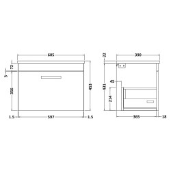Athena 600mm Single Drawer Wall Hung Cabinet With Sparkling White Worktop - Gloss Grey - Technical Drawing