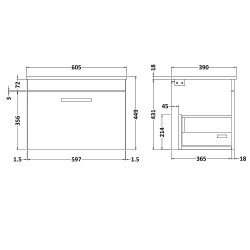 Athena 600mm Wall Hung Cabinet & Worktop - Gloss Grey - Technical Drawing