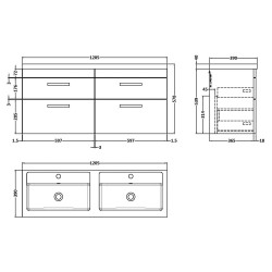 Athena 1200mm Wall Hung Cabinet & Twin Polymarble Basin - Gloss Grey - Technical Drawing