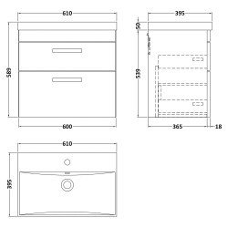 Athena 600mm Wall Hung Cabinet & Thin-Edge Basin - Gloss Grey - Technical Drawing