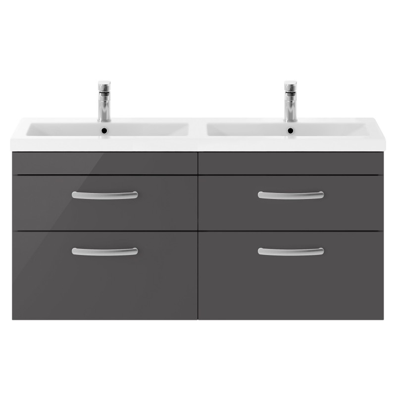 Athena 1200mm 4 Drawer Wall Hung Cabinet With Double Ceramic Basin - Gloss Grey Athena 1200mm 4 Drawer Wall Hung Cabinet With Double Ceramic Basin - Gloss Grey