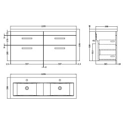Athena 1200mm 4 Drawer Wall Hung Cabinet With Double Ceramic Basin - Gloss Grey - Technical Drawing
