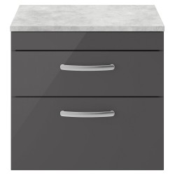 Athena 600mm 2 Drawer Wall Hung Cabinet With Grey Worktop - Gloss Grey