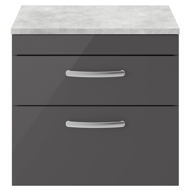 Athena 600mm 2 Drawer Wall Hung Cabinet With Grey Worktop - Gloss Grey