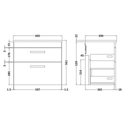 Athena 600mm 2 Drawer Wall Hung Cabinet With Grey Worktop - Gloss Grey - Technical Drawing