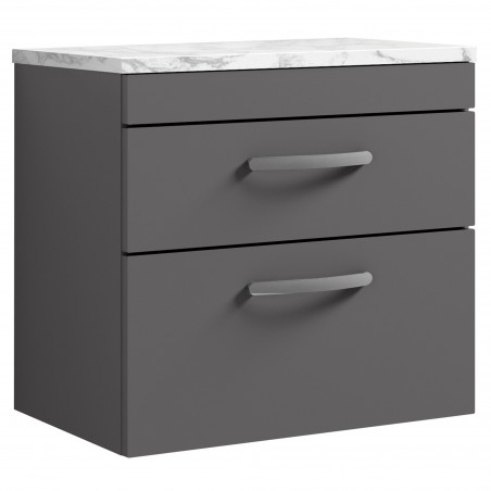 Athena 600mm Wall Hung 2 Drawer Unit & Laminate Worktop - Gloss Grey/Carrera Marble