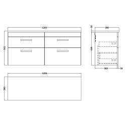 Atheba 1200mm Wall Hung 4 Drawer Unit & Laminate Worktop - Gloss Grey/Carrera Marble - Technical Drawing