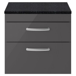 Athena 600mm 2 Drawer Wall Hung Cabinet With Sparkling Black Worktop - Gloss Grey