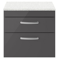 Athena 600mm 2 Drawer Wall Hung Cabinet With Sparkling White Worktop - Gloss Grey