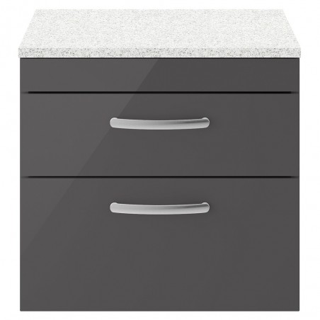 Athena 600mm 2 Drawer Wall Hung Cabinet With Sparkling White Worktop - Gloss Grey