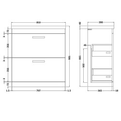 Athena 500mm Freestanding Cabinet & Mid-Edge Basin - Gloss Grey - Technical Drawing