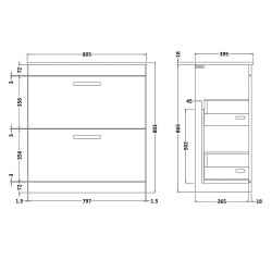 Athena 500mm Freestanding Cabinet & Minimalist Basin - Gloss Grey - Technical Drawing