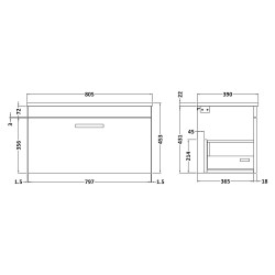 Athena 800mm Single Drawer Wall Hung Cabinet With Grey Worktop - Gloss Grey - Technical Drawing