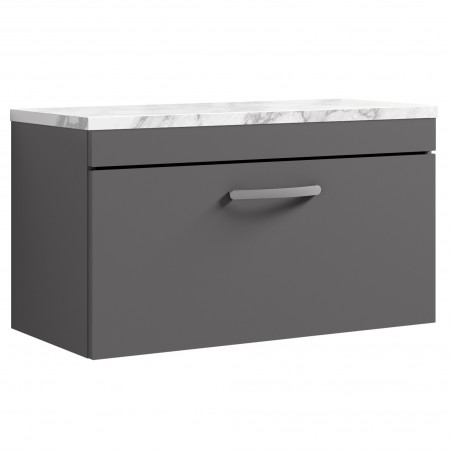 Athena 800mm Wall Hung Single Drawer Unit & Laminate Worktop - Gloss Grey/Carrera Marble