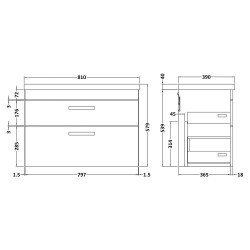 Athena 800mm Wall Hung Cabinet & + Mid-Edge Basin - Gloss Grey - Technical Drawing
