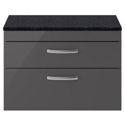 Athena 800mm 2 Drawer Wall Hung Cabinet With Sparkling Black Worktop - Gloss Grey