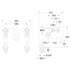 Deck Mount Bath Filler Hex Crosshead - Technical Drawing