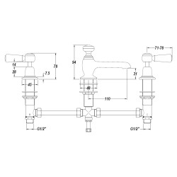 Topaz lever 3 Tap Hole basin mixer - Technical Drawing