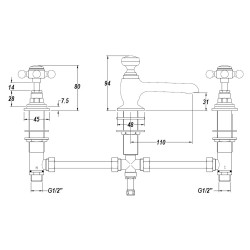 Topaz 3 Tap Hole Basin Mixer With Pop-Up Waste - Technical Drawing