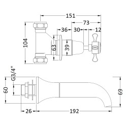 Topaz Wall Hung Bath Spout & Stop Taps - Technical Drawing