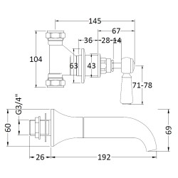 Topaz lever 3 Tap Hole bath filler - Technical Drawing