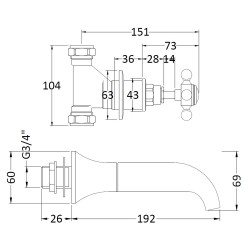 Topaz Wall Hung Bath Spout & Stop Taps - Technical Drawing