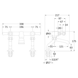Deck Mount Bath Filler Hex Lever - Technical Drawing