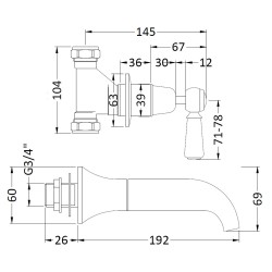Topaz Black lever 3 Tap Hole bath filler - Technical Drawing