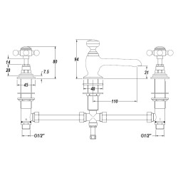 Brushed Brass Topaz With Crosshead 3 Tap Hole Basin Mixer - Technical Drawing