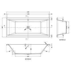 Asselby Square Double Ended Rectangular Bath 1800mm x 800mm - Eternalite Acrylic - Technical Drawing