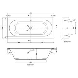 Otley Round Double Ended Rectangular Bath 1700mm x 750mm - Eternalite Acrylic - Technical Drawing